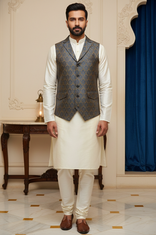 Men’s Navy Blue Brocade Nehru Jacket | Ethnic Wedding Festive Party Wear Mandarin Collar Sleeveless Waistcoat for Kurta & Indo-Western Outfit