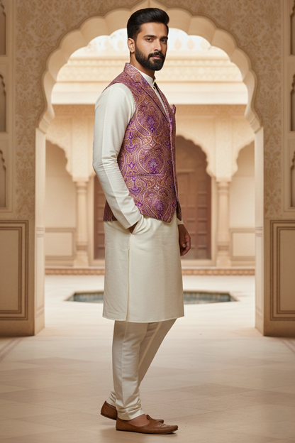 Men’s Purple Brocade Nehru Jacket | Ethnic Wedding Festive Party Wear Mandarin Collar Sleeveless Waistcoat for Kurta & Indo-Western Outfit