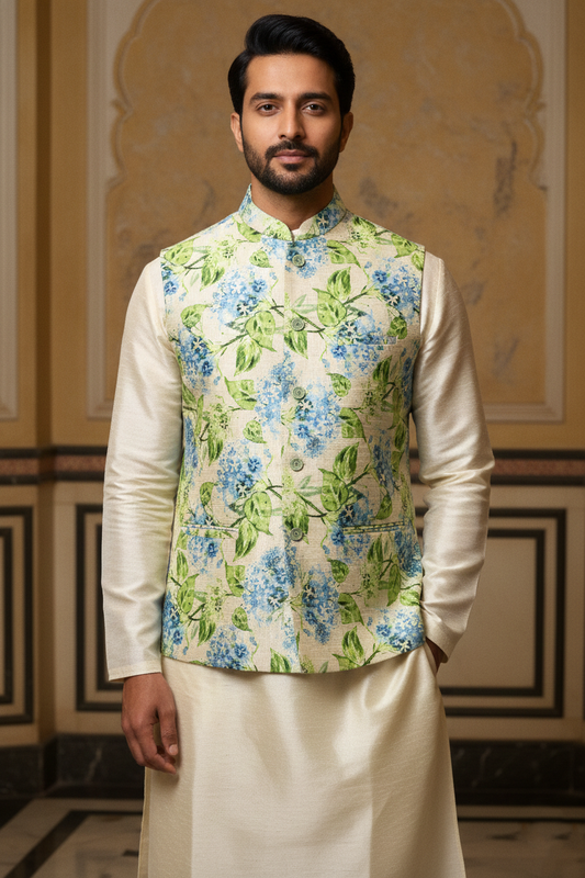 Serene Hydrangea: The Pastel Floral Nehru Jacket