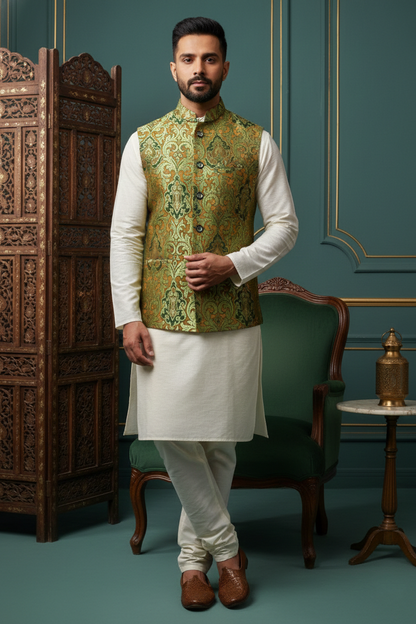 Men’s Green Printed Nehru Jacket with Ivory Kurta