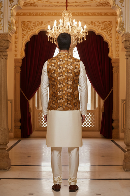 Men’s Mustard Brown Floral Designer Waistcoat | Slim Fit Festive & Party Wear Vest