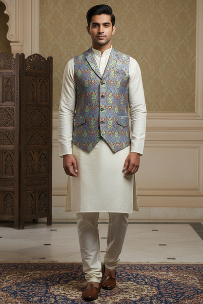Men’s Sky Blue & Copper Brocade Waistcoat – Slim Fit Paisley Jacquard Nehru Vest with Notch Lapel