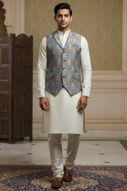 Men’s Sky Blue & Copper Brocade Waistcoat – Slim Fit Paisley Jacquard Nehru Vest with Notch Lapel
