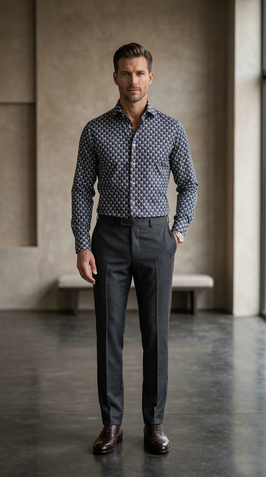 Designer Men'sGeometric Hexagon Print Shirt , Navy & Slate 3D Optical Motif