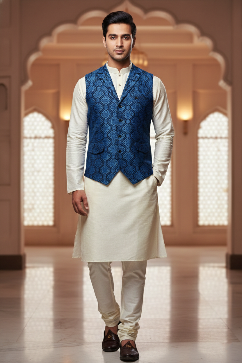 Men’s Dark Blue Jacquard Silk Waistcoat with Notch Lapel | Slim Fit Festive Vest