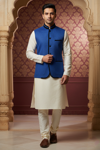 Men’s Dark Blue Nehru Jacket with Black Piping | Designer Ethnic Waistcoat