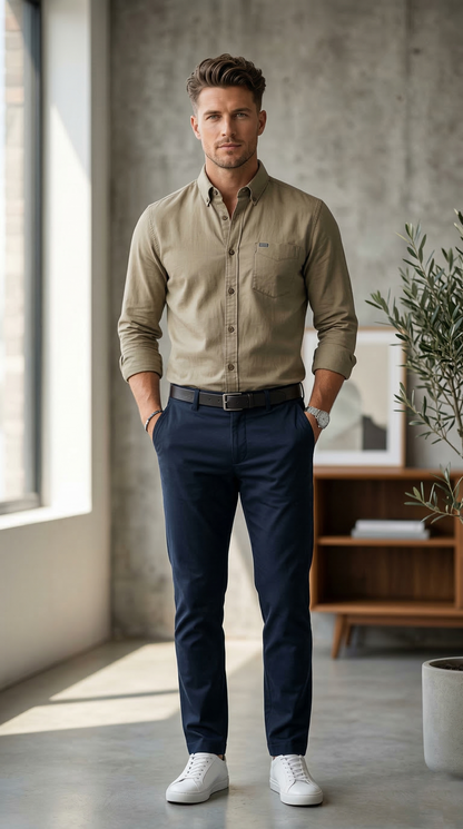 Men'sSlim-Fit Khaki Cotton Oxford , The Essential Casual Button-Down