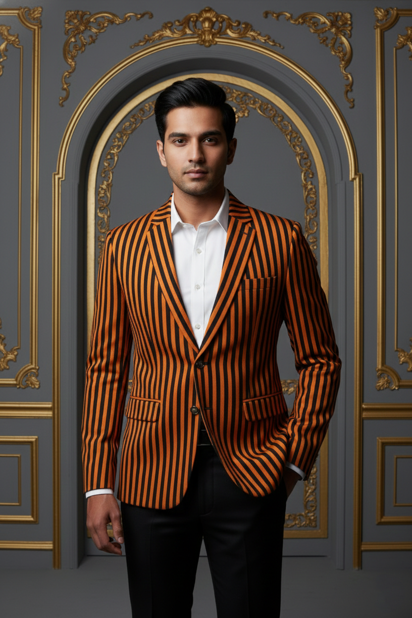 Orange & Black Striped Double-Breasted Blazer