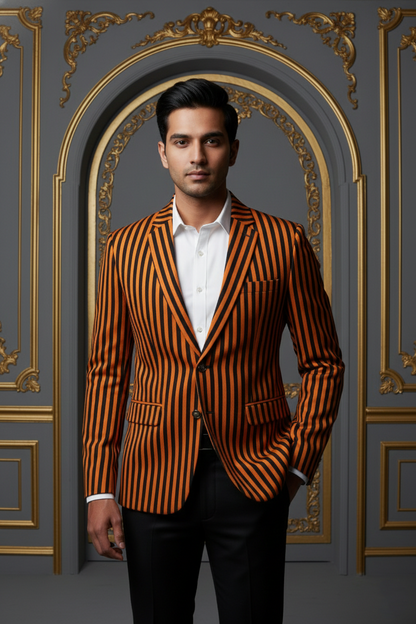 Orange & Black Striped Double-Breasted Blazer