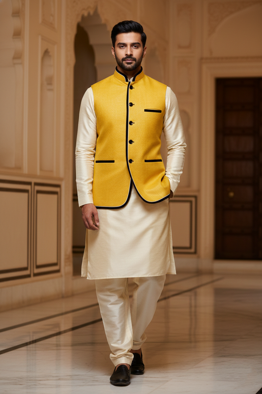 Mustard Yellow Nehru Jacket with Cream Kurta Set
