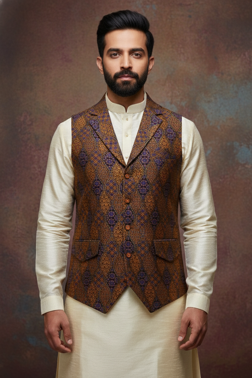 Men’s Brown Printed Nehru Jacket with Ivory Kurta