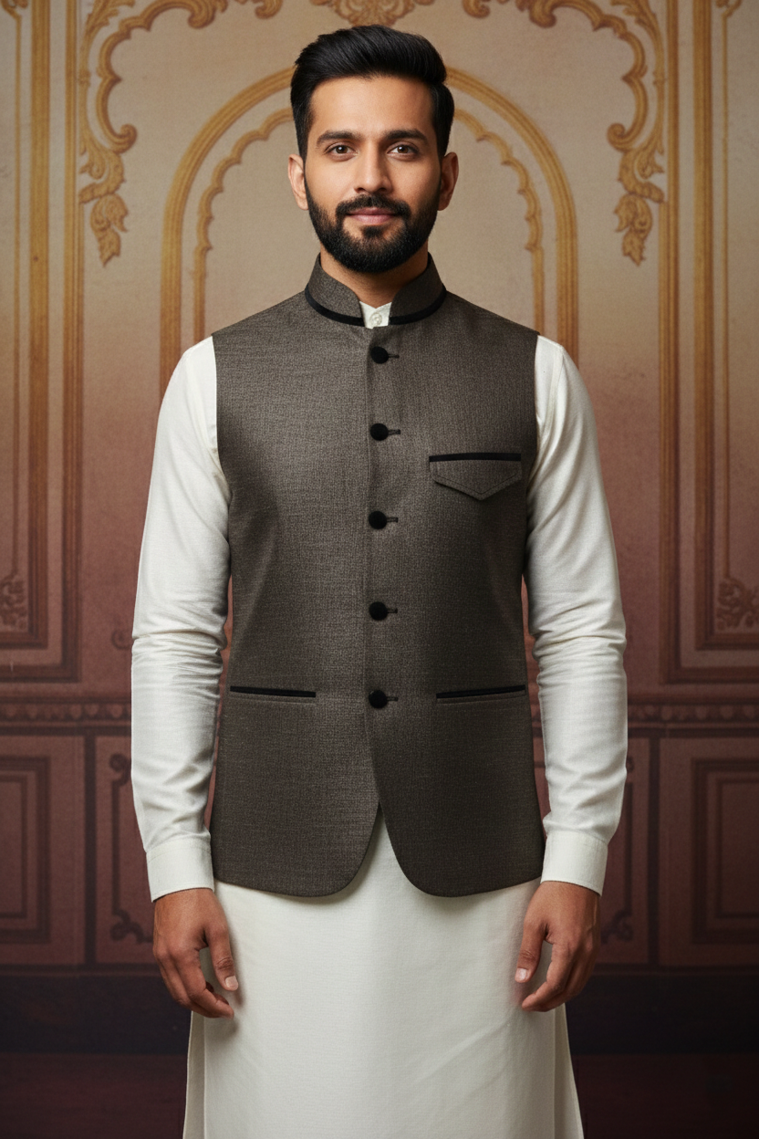 Dark Brown Waistcoat with Cream Kurta Set