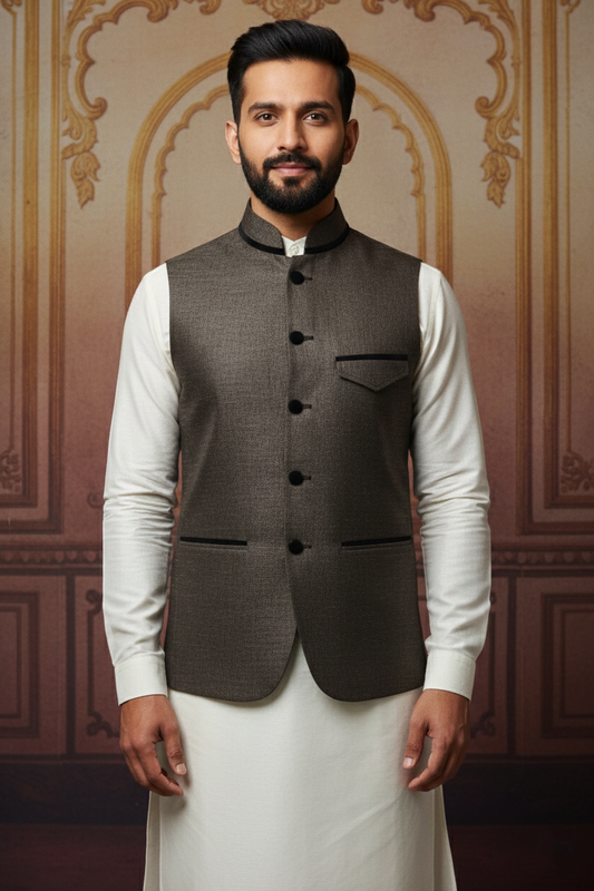 Dark Brown Waistcoat with Cream Kurta Set