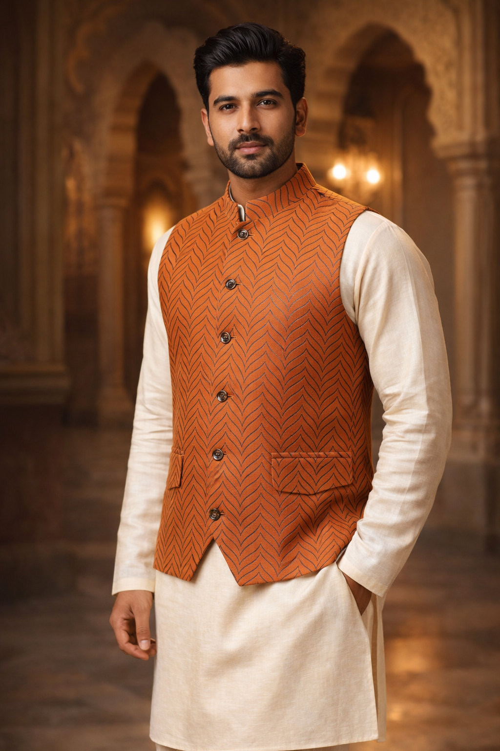 Men’s Rust Orange Chevron Nehru Jacket | Ethnic Wedding Festive Party Wear Mandarin Collar Sleeveless Waistcoat for Kurta & Indo-Western Outfit