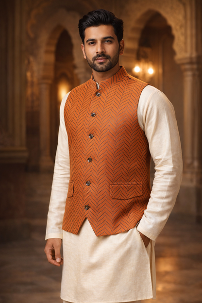 Men’s Rust Orange Chevron Nehru Jacket | Ethnic Wedding Festive Party Wear Mandarin Collar Sleeveless Waistcoat for Kurta & Indo-Western Outfit