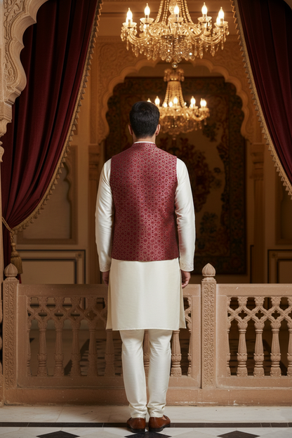 Men's Crimson Red Jacquard Nehru Jacket – Designer Geometric Printed Waistcoat with Notched Lapel and Utility Pockets