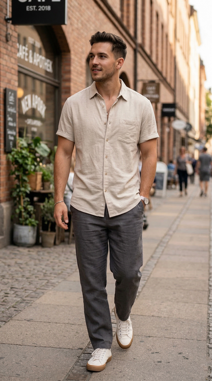 Men'sLight Beige Casual Short Sleeve Shirt