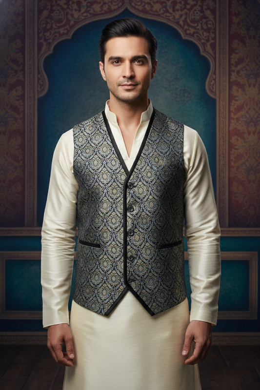 Men's Luxury Jacquard Banarasi Silk Waistcoat | Slim Fit V-Neck Ethnic Jacket for Wedding, Party & Festive Wear | Premium Floral Brocade Design
