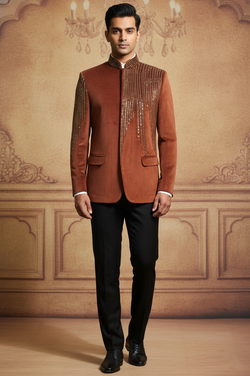 Men'sRust Embellished Bandhgala Jacket
