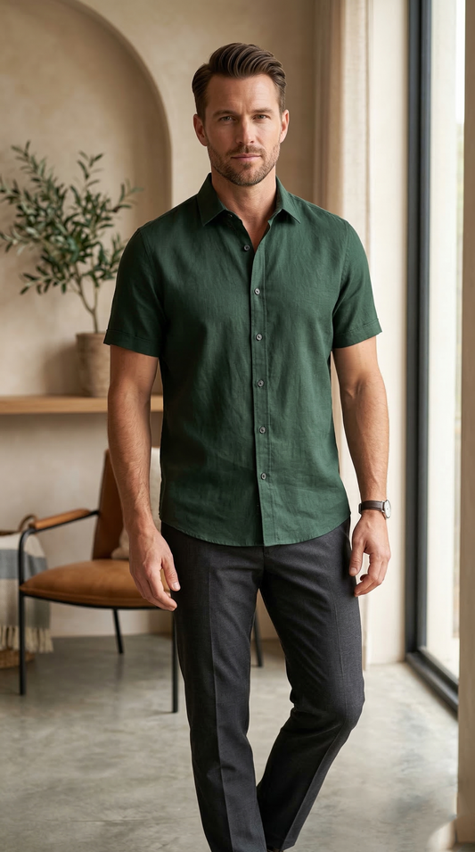 Men'sCasual Short-Sleeve Linen Shirt in Hunter Green