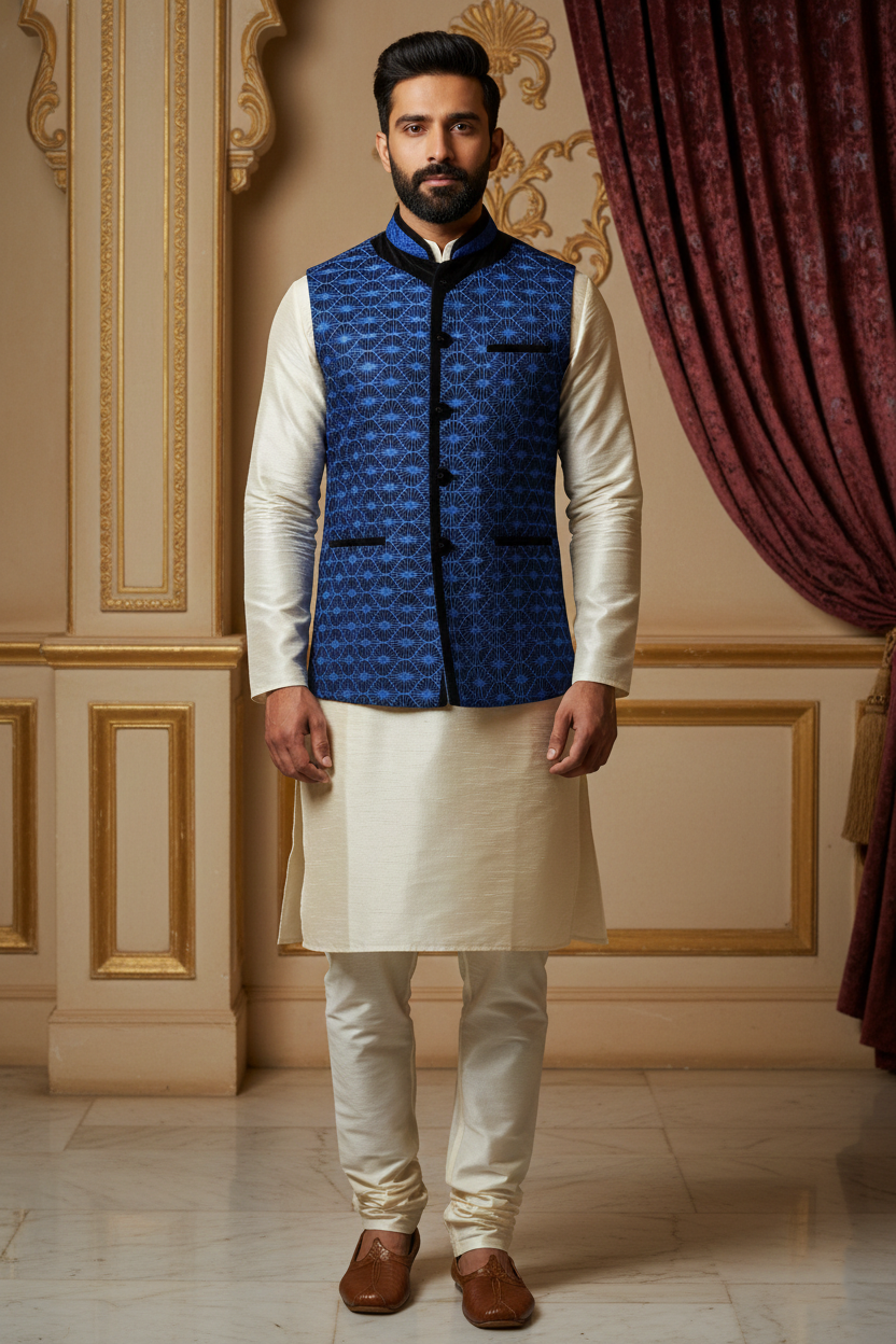 Blue Geometric Nehru Jacket with Cream Kurta Set