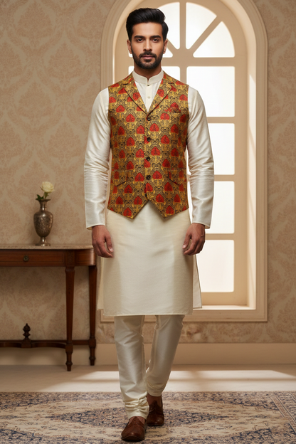 Men's Mustard Gold and Crimson Jacquard Waistcoat – Notch Lapel Brocade Nehru Jacket with Heritage Motif Print