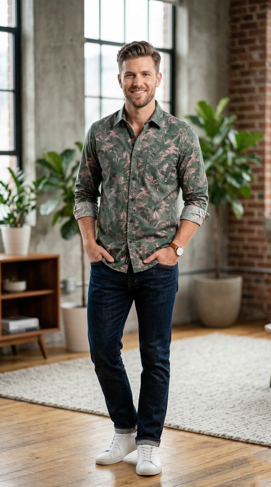 Men'sTropical Fern Print , The Modern Botanical Casual Button-Down