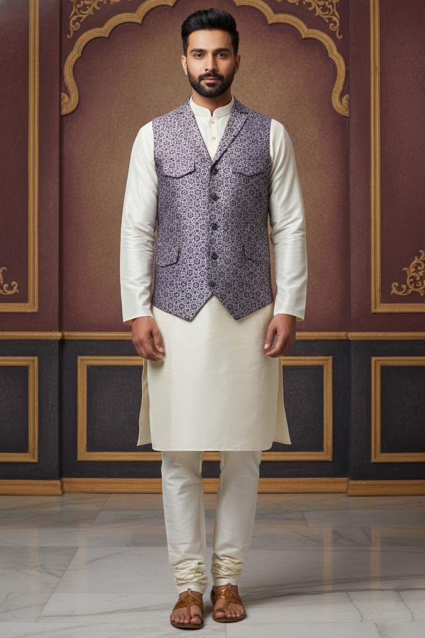 Men's Light Purple Silk Blend Nehru Jacket – Elegant Geometric Printed Waistcoat with Notched Lapel and Built-in Pocket Square