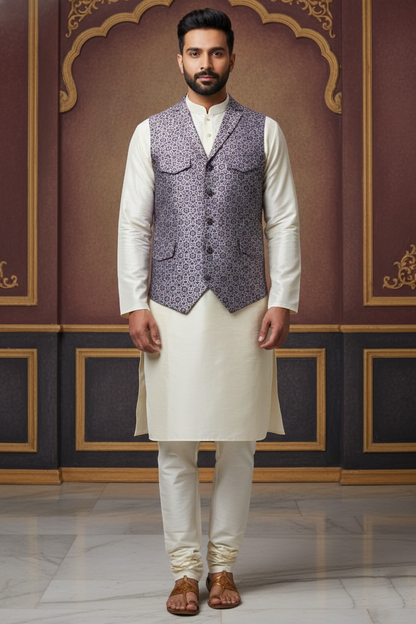 Men's Light Purple Silk Blend Nehru Jacket – Elegant Geometric Printed Waistcoat with Notched Lapel and Built-in Pocket Square