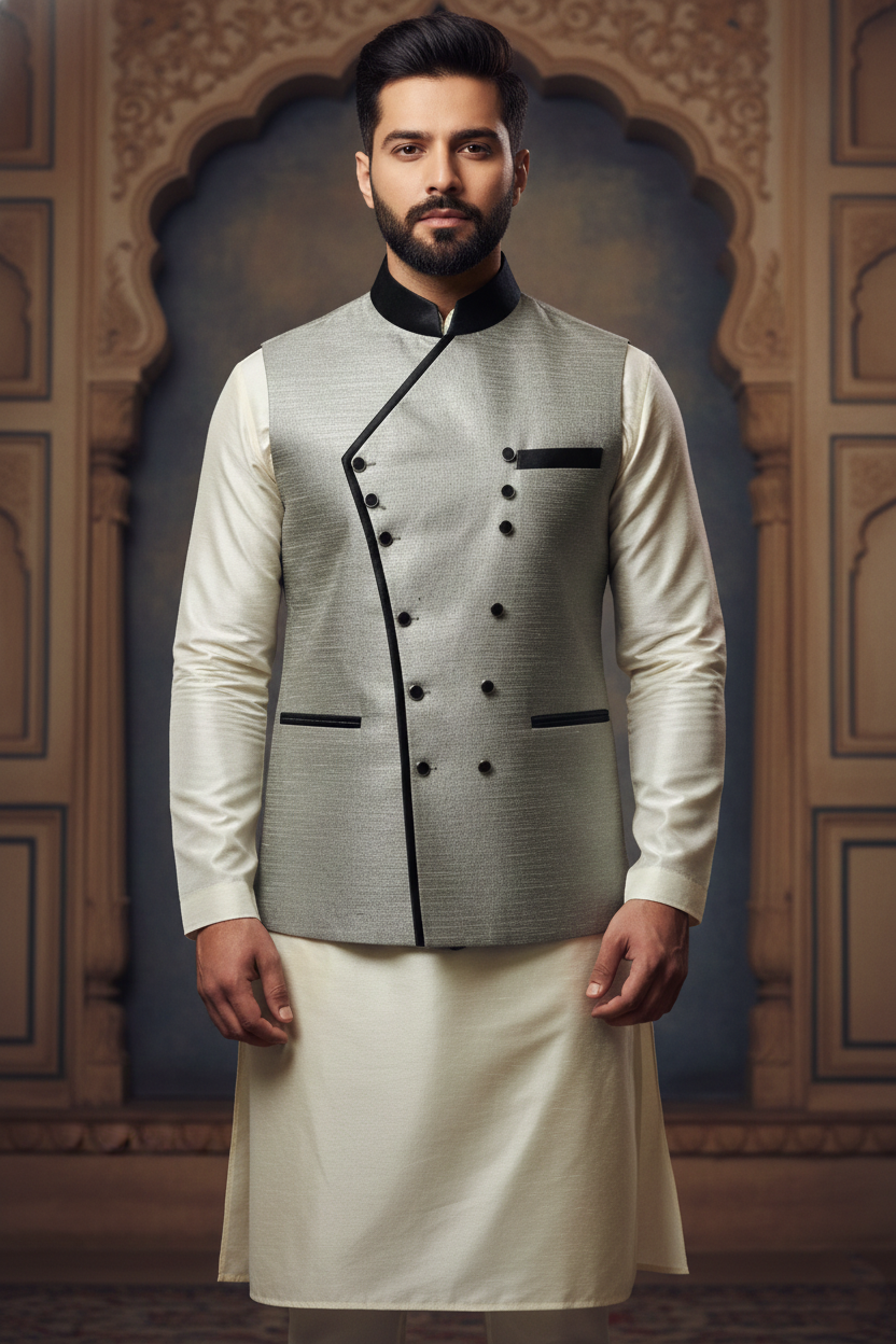 Men'sGrey AsyVBetric Waist Coat with Ivory Kurta