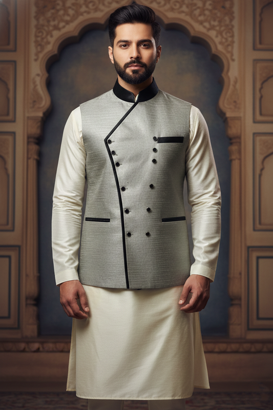 Men'sGrey AsyVBetric Waist Coat with Ivory Kurta