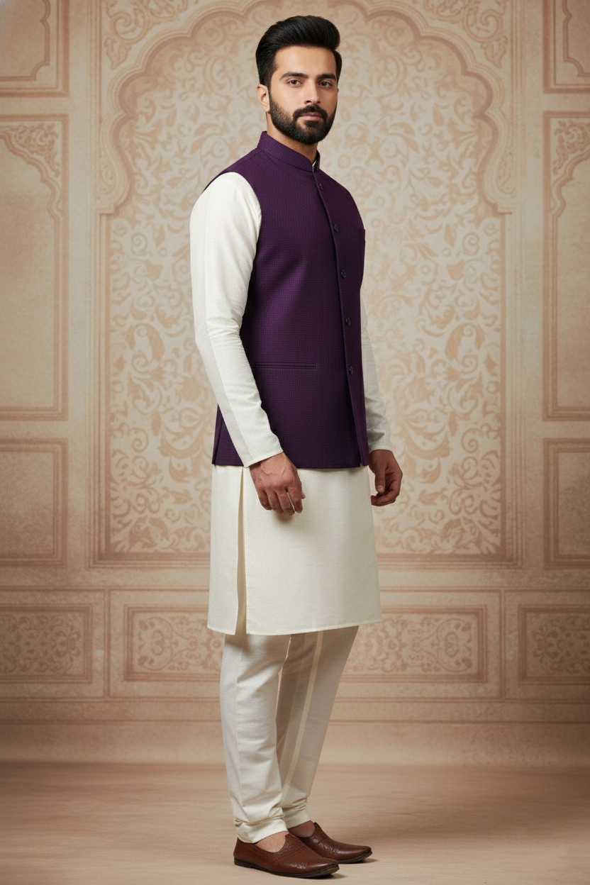 Deep Purple Nehru Jacket with Cream Kurta Set