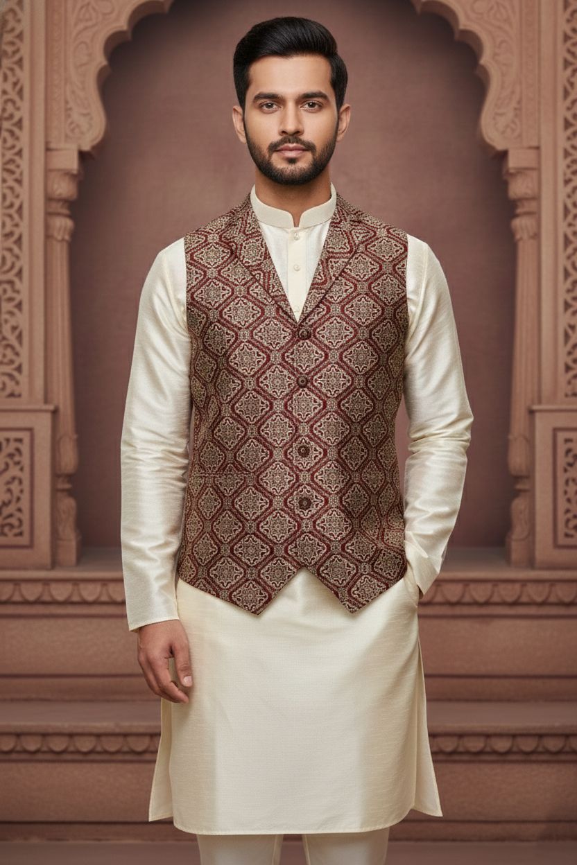 Men’s Light Red Designer Waistcoat | Dark Red Line Pattern Slim Fit Festive Vest