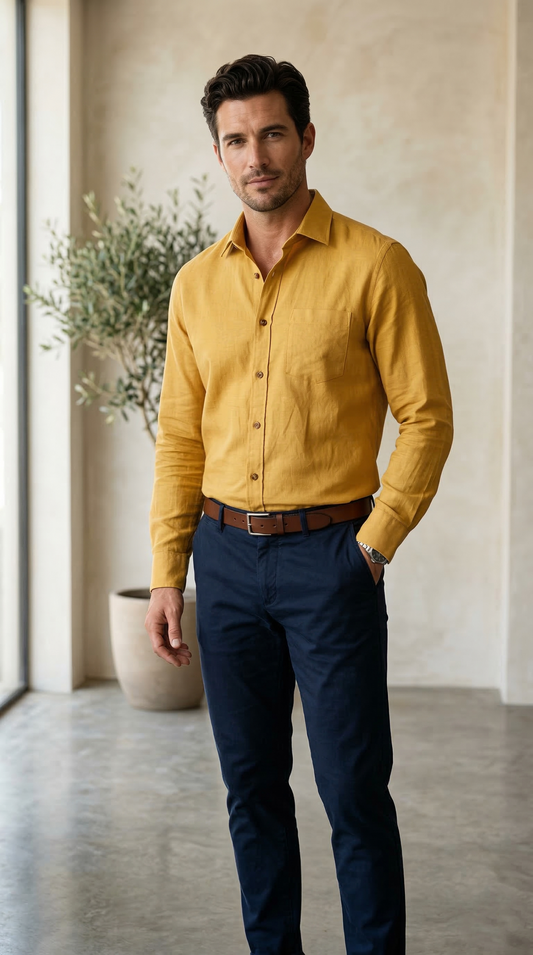 Men'sCasual Long-Sleeve Linen-Blend Shirt in Mustard Gold