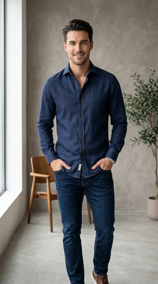 Men'sDeep Indigo Denim-Look Casual shirt with Contrast Topstitching