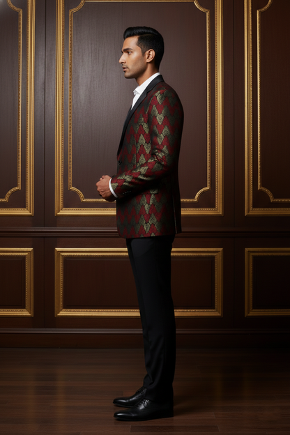 Men's Premium Maroon & Gold Brocade Tuxedo Blazer , Slim Fit Jacquard Party Wear Dinner Jacket