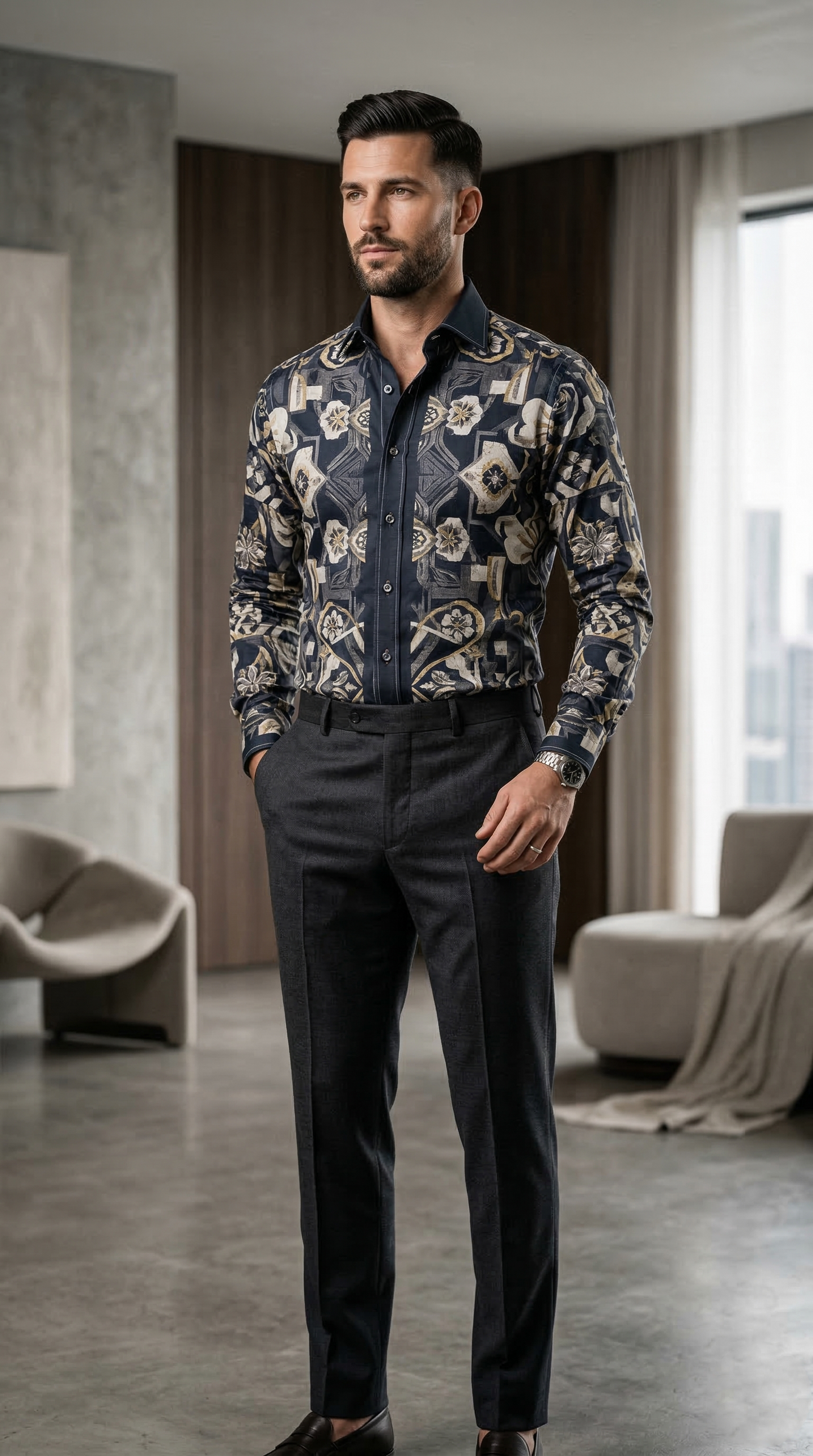 Designer Men'sBaroque Floral Print Shirt , Navy & Gold Botanical Geometric Motif