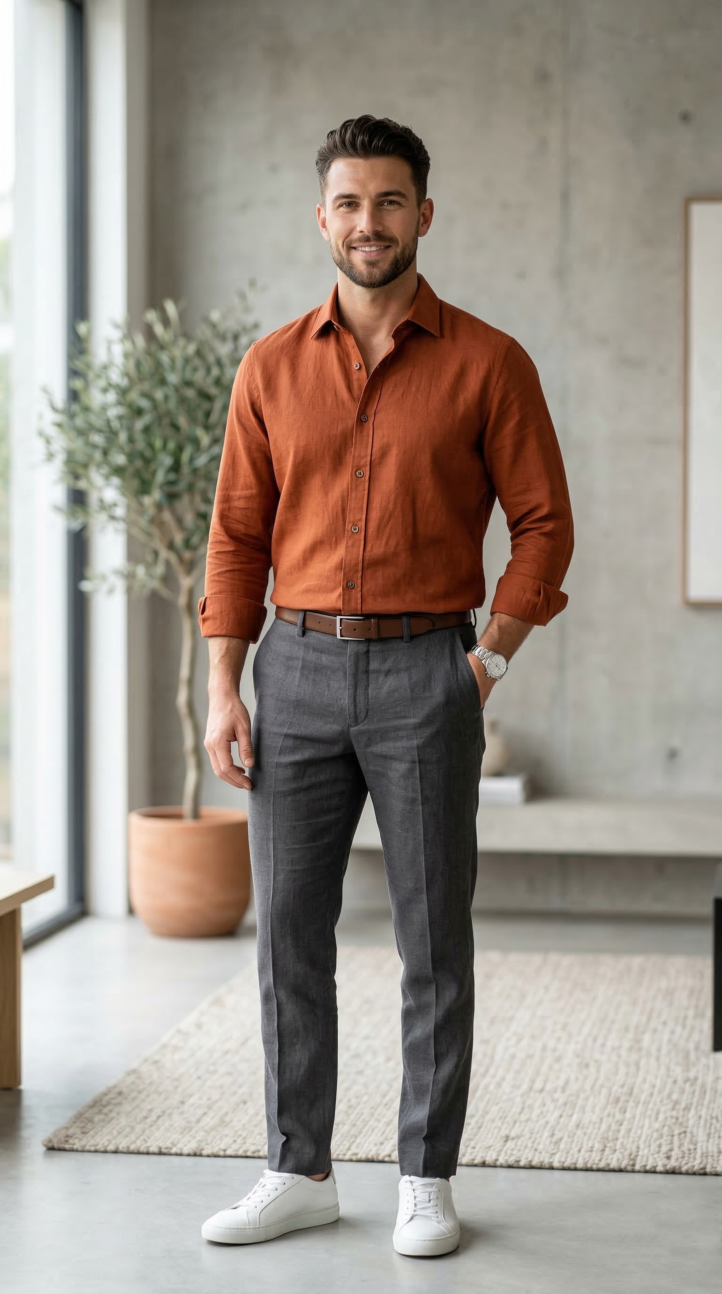 Men'sTerracotta Linen-Cotton , The Warm-Tone Casual Essential