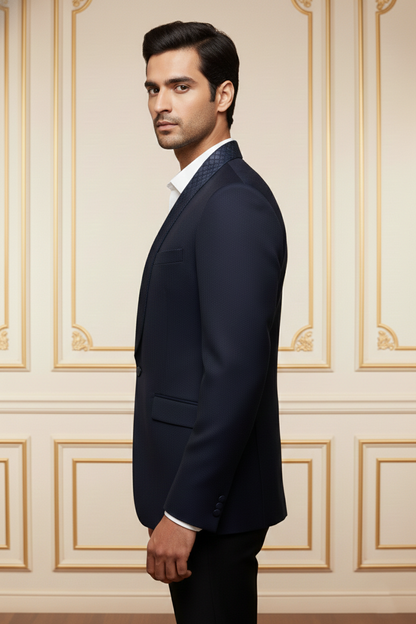 Men'sNavy Blue Quilted Shawl Lapel Blazer