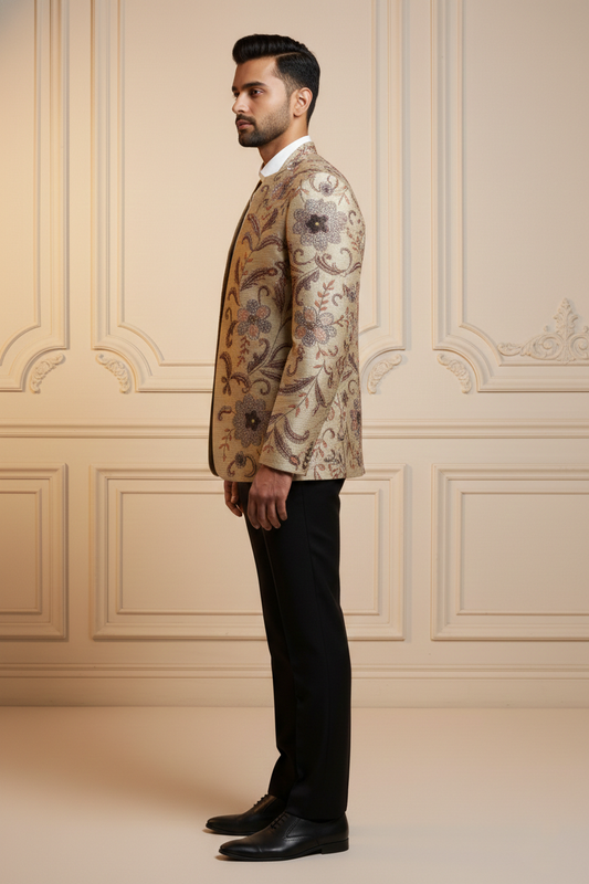Men'sPremium Champagne Gold Jacquard Silk Blazer