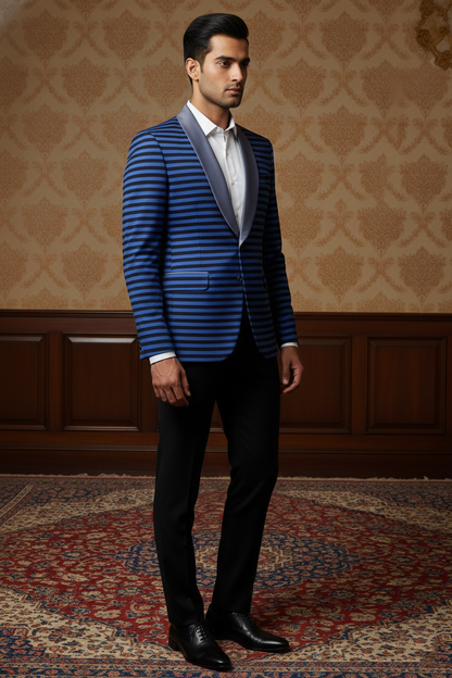 Men'sSlim-Fit Blue & Black Horizontal Striped Blazer , Modern Statement Tuxedo Jacket with Satin Shawl Lapel