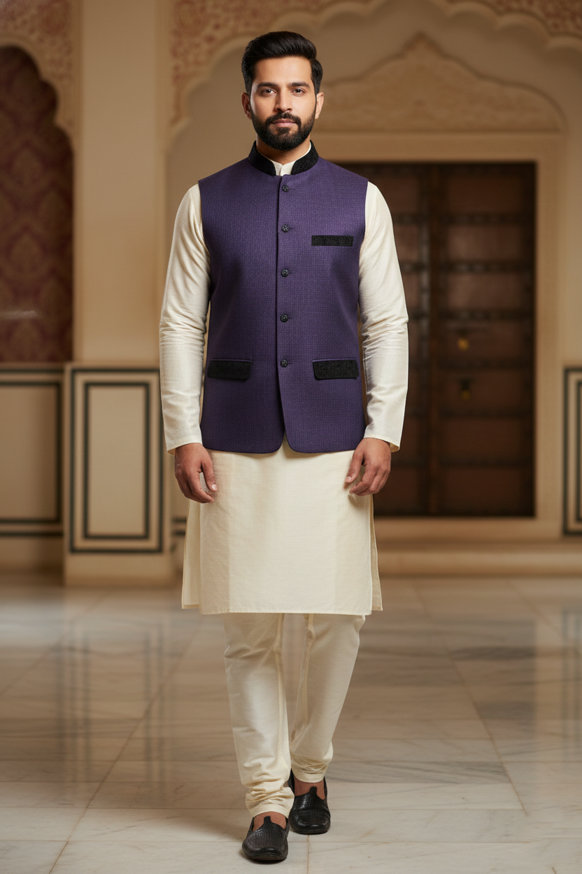 Men's Royal Purple Textured Nehru Jacket – Luxury Velvet Trim Ethnic Waistcoat for Weddings & Parties
