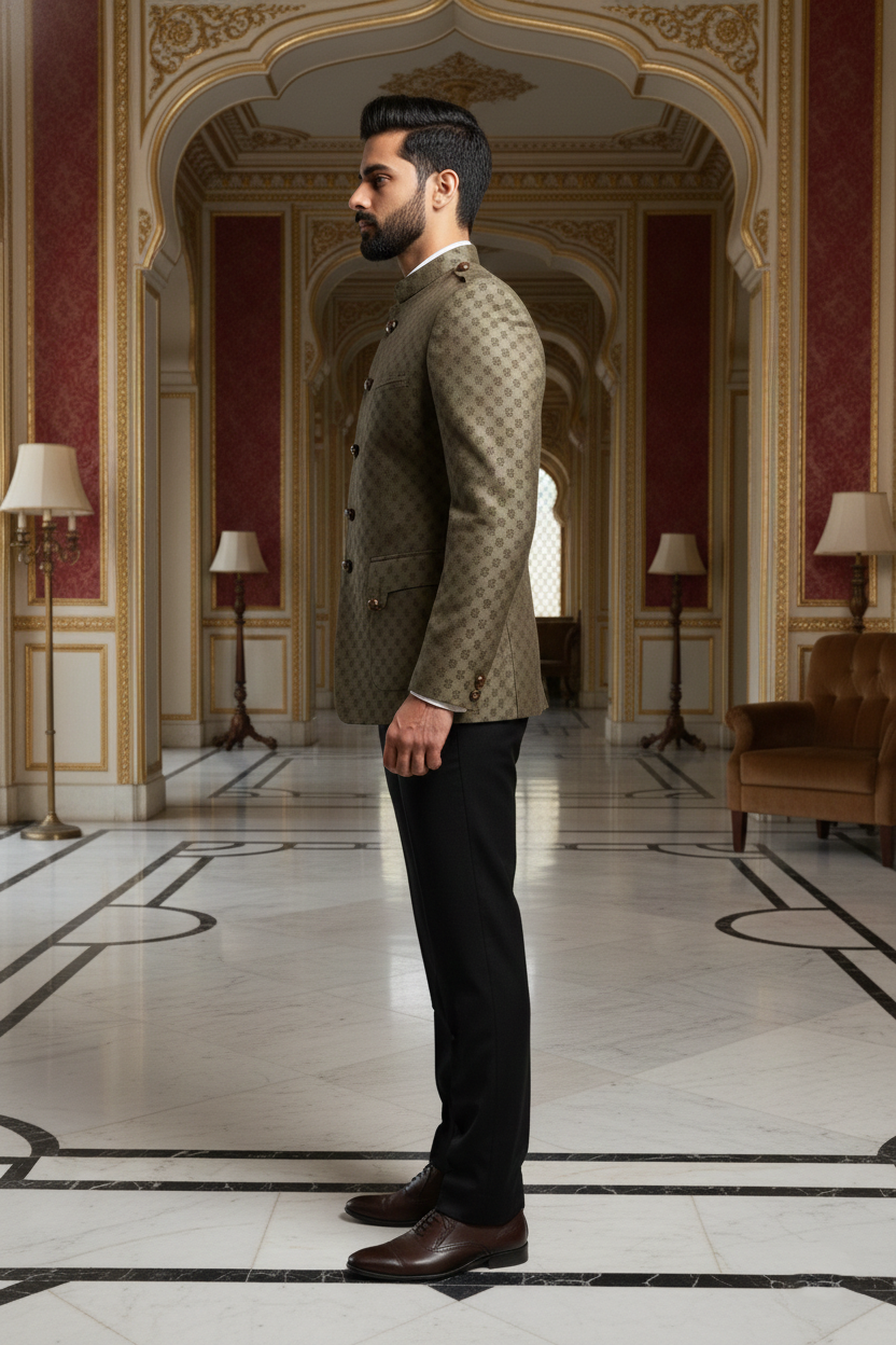 Men's Premium Olive Green Jacquard Jodhpuri Blazer