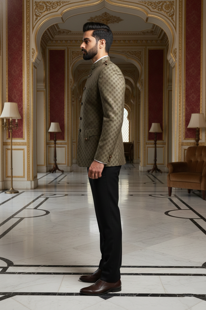 Men's Premium Olive Green Jacquard Jodhpuri Blazer