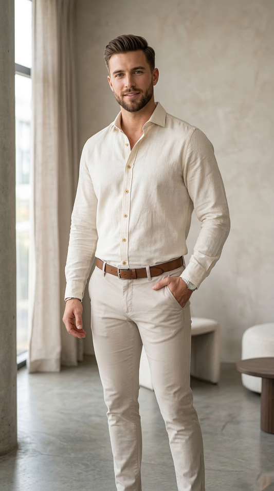 Men'sCream Linen-Cotton Blend , The Ultimate Coastal Casual Button-Down
