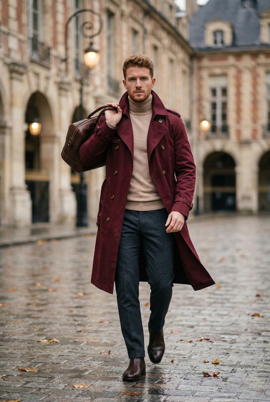 Men's Burgundy Double-Breasted Long Trench Coat
