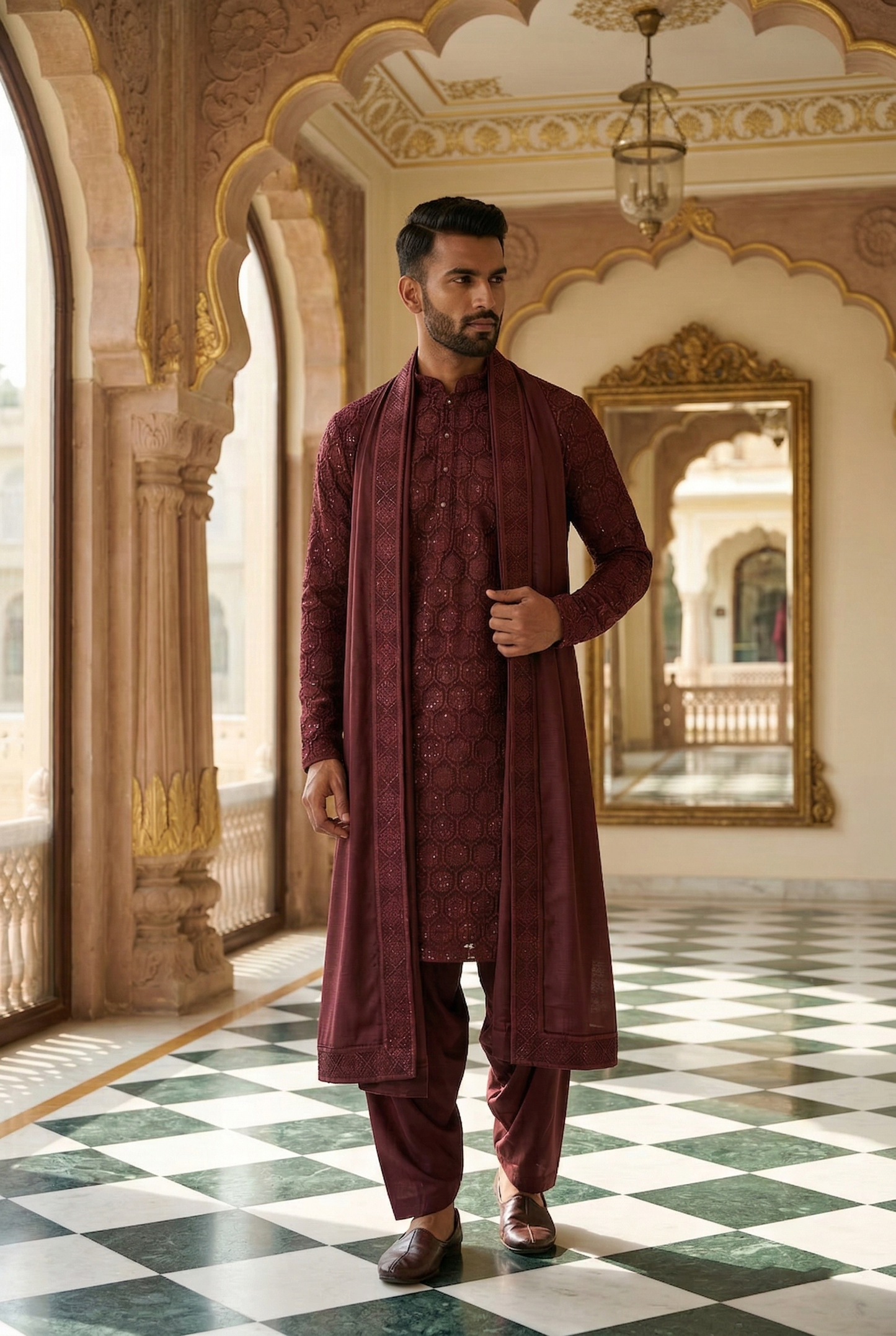 Men's Wine Geometric Sequin Designer Kurta Pajama