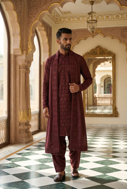 Men's Wine Geometric Sequin Designer Kurta Pajama