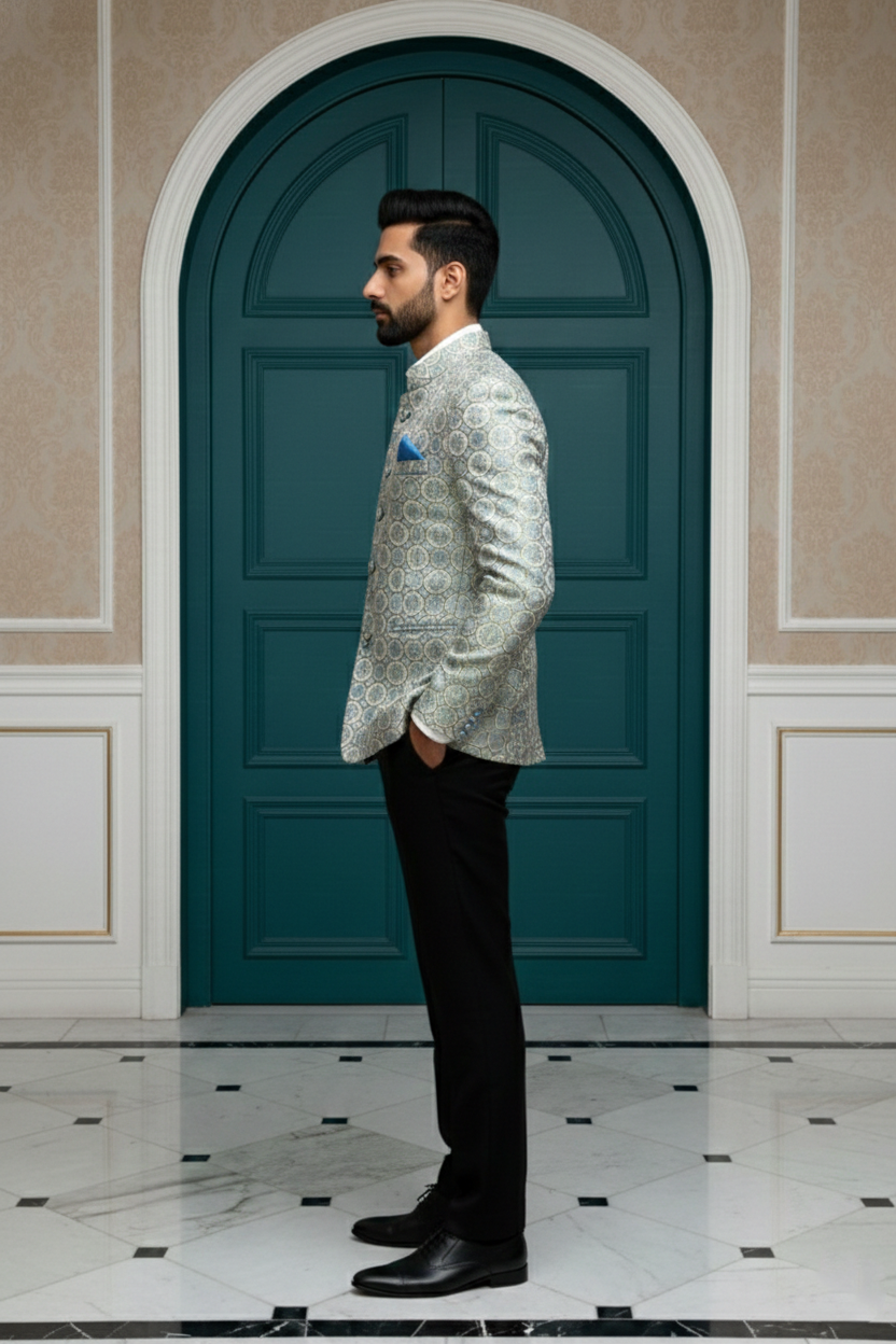 Men's Luxury Silver & Ice Blue Jacquard Bandhgala , Slim Fit Jodhpur Jacket with Mandarin Collar