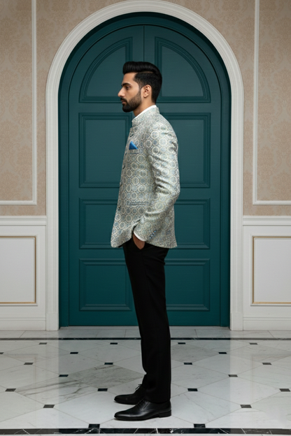 Men's Luxury Silver & Ice Blue Jacquard Bandhgala , Slim Fit Jodhpur Jacket with Mandarin Collar